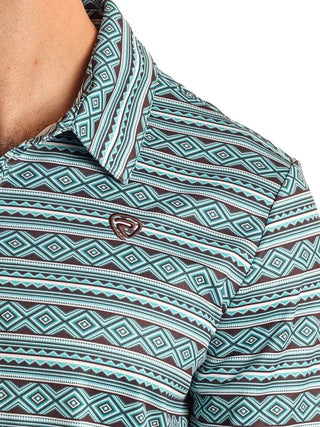 Rock&Roll Men’s Aztec Printed Polo Teal - Cowboy SwaggerRock&Roll Men’s Aztec Printed Polo Teal
