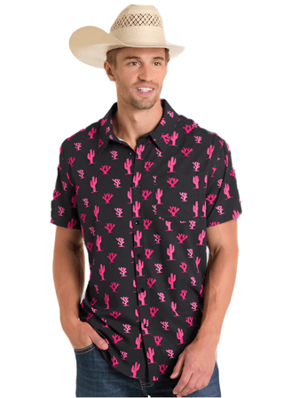 Rock&Roll Men’s Short Sleeve Single Picket TEK Button Up Shirt Pink Cactus - Cowboy SwaggerRock&Roll Men’s Short Sleeve Single Picket TEK Button Up Shirt Pink Cactus