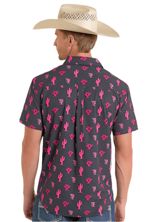 Rock&Roll Men’s Short Sleeve Single Picket TEK Button Up Shirt Pink Cactus - Cowboy SwaggerRock&Roll Men’s Short Sleeve Single Picket TEK Button Up Shirt Pink Cactus