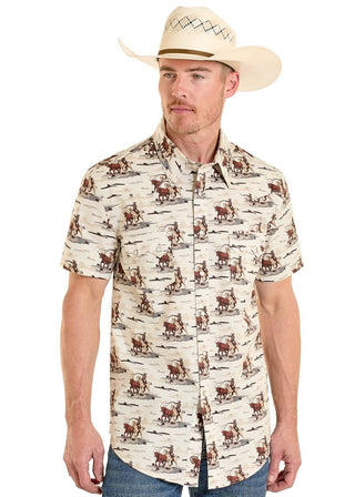 Rock&Roll Men’s short Sleeve Tan Western Novelty Snap shirt - Cowboy SwaggerRock&Roll Men’s short Sleeve Tan Western Novelty Snap shirt
