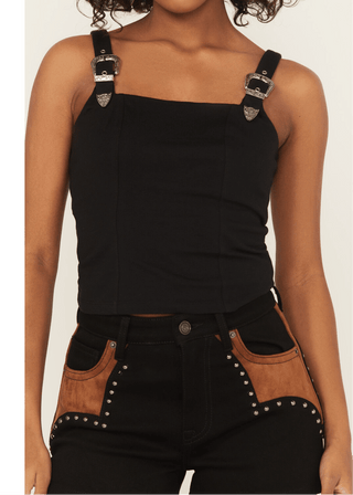 Rock&Roll Women’s Square Neck Cropped Tank with Buckle Straps Black - Cowboy SwaggerRock&Roll Women’s Square Neck Cropped Tank with Buckle Straps Black