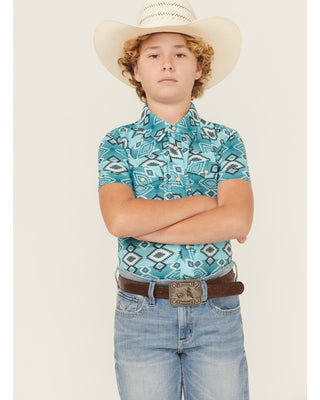 Rock&Roll Youth Boys TEK Aztec Print Short Sleeve Snap Shirt Teal - Cowboy SwaggerRock&Roll Youth Boys TEK Aztec Print Short Sleeve Snap Shirt Teal