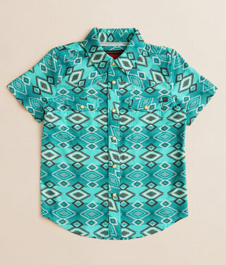 Rock&Roll Youth Boys TEK Aztec Print Short Sleeve Snap Shirt Teal - Cowboy SwaggerRock&Roll Youth Boys TEK Aztec Print Short Sleeve Snap Shirt Teal