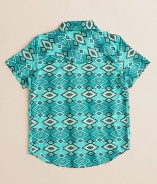Rock&Roll Youth Boys TEK Aztec Print Short Sleeve Snap Shirt Teal - Cowboy SwaggerRock&Roll Youth Boys TEK Aztec Print Short Sleeve Snap Shirt Teal