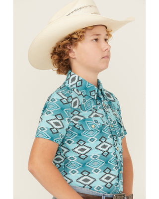 Rock&Roll Youth Boys TEK Aztec Print Short Sleeve Snap Shirt Teal - Cowboy SwaggerRock&Roll Youth Boys TEK Aztec Print Short Sleeve Snap Shirt Teal