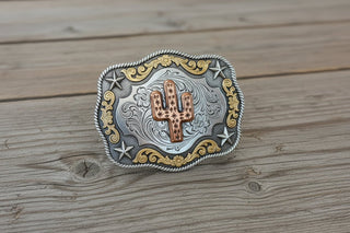Rope Edge Copper Cactus & Star Belt Buckle – Southwestern Western Buckle - Cowboy SwaggerRope Edge Copper Cactus & Star Belt Buckle – Southwestern Western Buckle