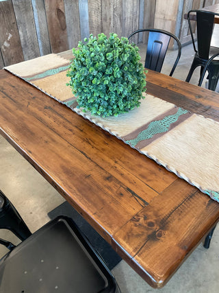 Rusty Blonde Shaggy Cowhide Table Runner with Turquoise Leather – 6ft - Cowboy SwaggerRusty Blonde Shaggy Cowhide Table Runner with Turquoise Leather – 6ft