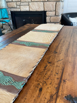 Rusty Blonde Shaggy Cowhide Table Runner with Turquoise Leather – 6ft - Cowboy SwaggerRusty Blonde Shaggy Cowhide Table Runner with Turquoise Leather – 6ft