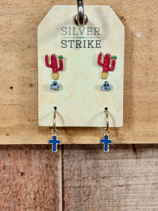 Silver Strike Ladies Earring Set Cactus Cross Mulitcolor - Cowboy SwaggerSilver Strike Ladies Earring Set Cactus Cross Mulitcolor