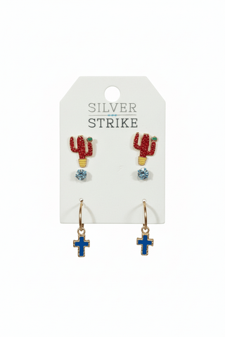 Silver Strike Ladies Earring Set Cactus Cross Mulitcolor - Cowboy SwaggerSilver Strike Ladies Earring Set Cactus Cross Mulitcolor