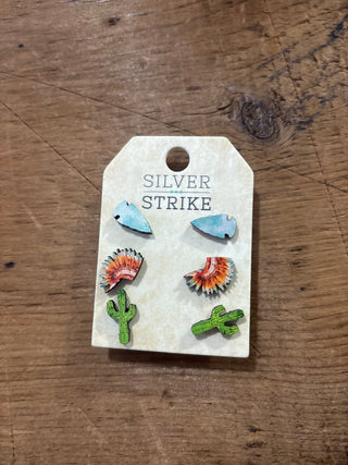 Silver Strike Three Piece Headdress Cactus earring set - Cowboy SwaggerSilver Strike Three Piece Headdress Cactus earring set