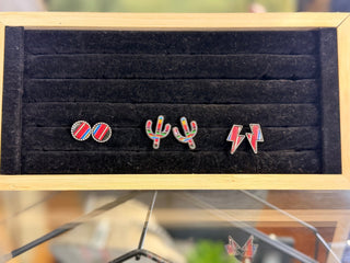 Silver Strike Women’s Serape Stud Earrings Set – 3 - Pair Western Cactus, Circle & Lightning Bolt Earrings - Cowboy SwaggerSilver Strike Women’s Serape Stud Earrings Set – 3 - Pair Western Cactus, Circle & Lightning Bolt Earrings