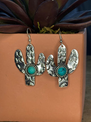 Stamped Cactus with Turquoise Stone Earrings - Cowboy SwaggerStamped Cactus with Turquoise Stone Earrings