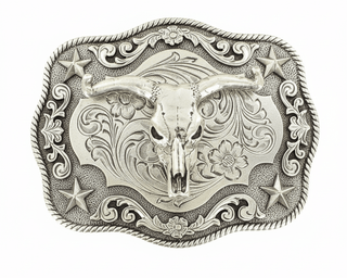 Steer Skull Western Buckle with Scrolling Pattern & Rope Edge - Cowboy SwaggerSteer Skull Western Buckle with Scrolling Pattern & Rope EdgeBuckle