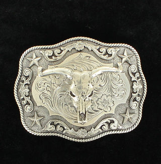 Steer Skull Western Buckle with Scrolling Pattern & Rope Edge - Cowboy SwaggerSteer Skull Western Buckle with Scrolling Pattern & Rope Edge
