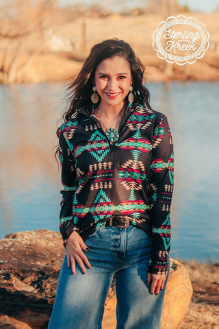 Sterling Kreek Cabin Fever Pullover – Women’s Cozy Western Aztec Quarter Zip - Cowboy SwaggerSterling Kreek Cabin Fever Pullover – Women’s Cozy Western Aztec Quarter Zip