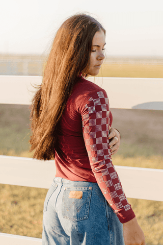 Sterling Kreek Checked In Maroon Mesh Top – Western Rhinestone Rodeo Style - Cowboy SwaggerSterling Kreek Checked In Maroon Mesh Top – Western Rhinestone Rodeo Style
