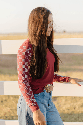 Sterling Kreek Checked In Maroon Mesh Top – Western Rhinestone Rodeo Style - Cowboy SwaggerSterling Kreek Checked In Maroon Mesh Top – Western Rhinestone Rodeo Style