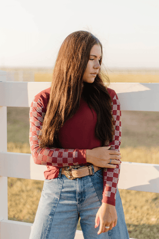 Sterling Kreek Checked In Maroon Mesh Top – Western Rhinestone Rodeo Style - Cowboy SwaggerSterling Kreek Checked In Maroon Mesh Top – Western Rhinestone Rodeo Style