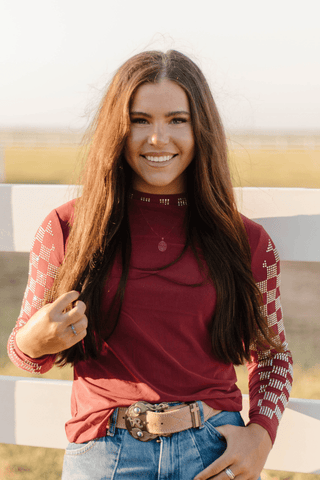 Sterling Kreek Checked In Maroon Mesh Top – Western Rhinestone Rodeo Style - Cowboy SwaggerSterling Kreek Checked In Maroon Mesh Top – Western Rhinestone Rodeo Style