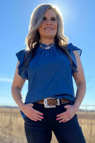 Sterling Kreek Denim Blue Baby Doll Top – Women’s Western Ruffle Sleeve Blouse - Cowboy SwaggerSterling Kreek Denim Blue Baby Doll Top – Women’s Western Ruffle Sleeve Blouse