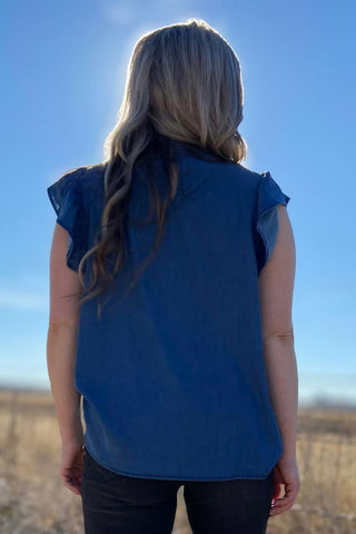 Sterling Kreek Denim Blue Baby Doll Top – Women’s Western Ruffle Sleeve Blouse - Cowboy SwaggerSterling Kreek Denim Blue Baby Doll Top – Women’s Western Ruffle Sleeve Blouse