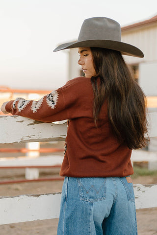 Sterling Kreek Fall Nights Sweater – Cozy Southwest Knit in Rust, Cream & Taupe - Cowboy SwaggerSterling Kreek Fall Nights Sweater – Cozy Southwest Knit in Rust, Cream & TaupeShirts & Tops