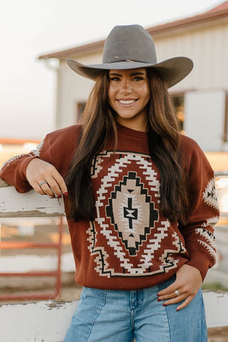Sterling Kreek Fall Nights Sweater – Cozy Southwest Knit in Rust, Cream & Taupe - Cowboy SwaggerSterling Kreek Fall Nights Sweater – Cozy Southwest Knit in Rust, Cream & TaupeShirts & Tops