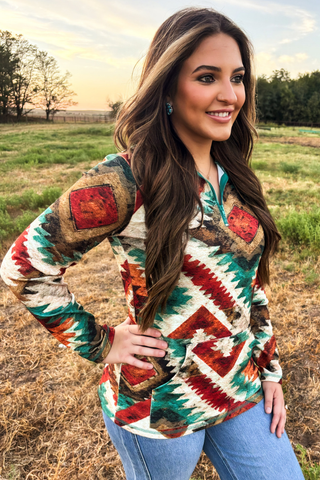 Sterling Kreek Women’s Aztec Sundown Pullover - Cowboy SwaggerSterling Kreek Women’s Aztec Sundown PulloverWomen's Tops