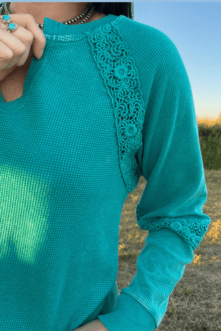 Sterling Kreek Women's Cowgirl Chic Turquoise Waffle Knit Top - Cowboy SwaggerSterling Kreek Women's Cowgirl Chic Turquoise Waffle Knit TopWomen's Tops