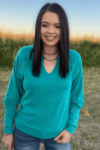 Sterling Kreek Women's Cowgirl Chic Turquoise Waffle Knit Top - Cowboy SwaggerSterling Kreek Women's Cowgirl Chic Turquoise Waffle Knit TopWomen's Tops