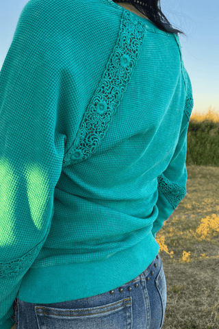 Sterling Kreek Women's Cowgirl Chic Turquoise Waffle Knit Top - Cowboy SwaggerSterling Kreek Women's Cowgirl Chic Turquoise Waffle Knit TopWomen's Tops