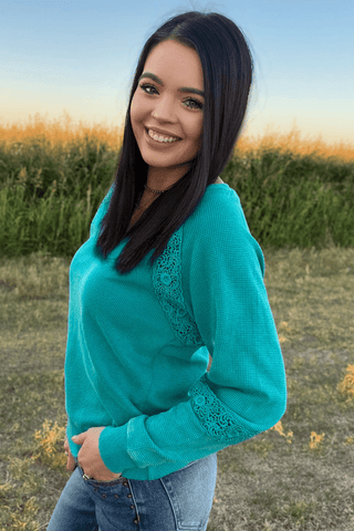 Sterling Kreek Women's Cowgirl Chic Turquoise Waffle Knit Top - Cowboy SwaggerSterling Kreek Women's Cowgirl Chic Turquoise Waffle Knit TopWomen's Tops
