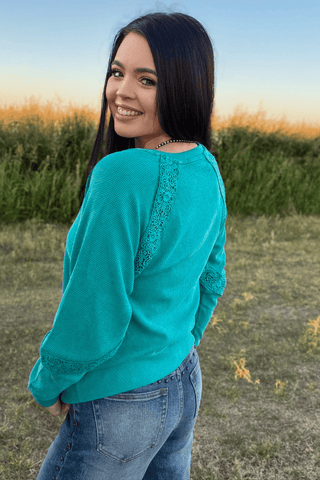 Sterling Kreek Women's Cowgirl Chic Turquoise Waffle Knit Top - Cowboy SwaggerSterling Kreek Women's Cowgirl Chic Turquoise Waffle Knit TopWomen's Tops