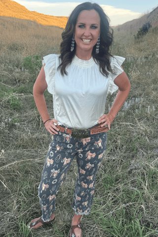 Sterling Kreek Women’s Cream Babydoll Flutter Sleeve Western Top - Cowboy SwaggerSterling Kreek Women’s Cream Babydoll Flutter Sleeve Western TopShirts & Tops