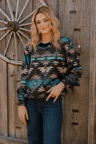 Sterling Kreek Women’s Driftwood Dusk Top – Western Long Sleeve Aztec Print Top - Cowboy SwaggerSterling Kreek Women’s Driftwood Dusk Top – Western Long Sleeve Aztec Print Top