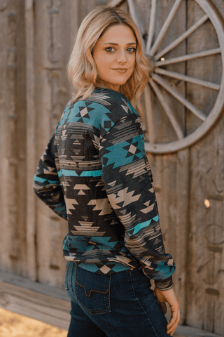Sterling Kreek Women’s Driftwood Dusk Top – Western Long Sleeve Aztec Print Top - Cowboy SwaggerSterling Kreek Women’s Driftwood Dusk Top – Western Long Sleeve Aztec Print Top