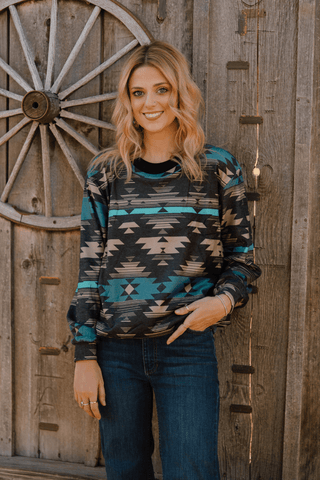 Sterling Kreek Women’s Driftwood Dusk Top – Western Long Sleeve Aztec Print Top - Cowboy SwaggerSterling Kreek Women’s Driftwood Dusk Top – Western Long Sleeve Aztec Print Top