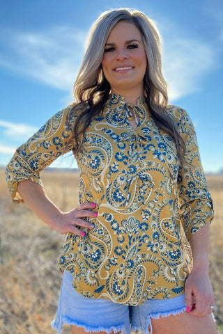 Sterling Kreek Women’s High Noon Honey Bow Top – Mustard Paisley Western Blouse - Cowboy SwaggerSterling Kreek Women’s High Noon Honey Bow Top – Mustard Paisley Western BlouseShirts & Tops