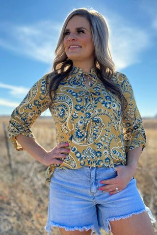 Sterling Kreek Women’s High Noon Honey Bow Top – Mustard Paisley Western Blouse - Cowboy SwaggerSterling Kreek Women’s High Noon Honey Bow Top – Mustard Paisley Western BlouseShirts & Tops