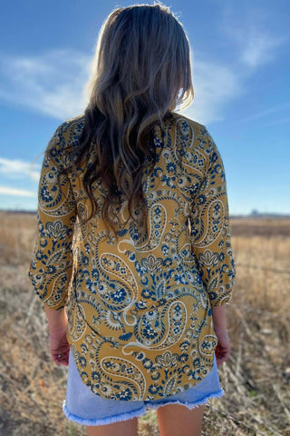 Sterling Kreek Women’s High Noon Honey Bow Top – Mustard Paisley Western Blouse - Cowboy SwaggerSterling Kreek Women’s High Noon Honey Bow Top – Mustard Paisley Western BlouseShirts & Tops