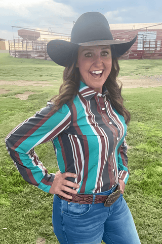 Sterling Kreek Women’s “Oh My Darling” Western Snap Shirt – Brown & Turquoise Pearl Snap Top - Cowboy SwaggerSterling Kreek Women’s “Oh My Darling” Western Snap Shirt – Brown & Turquoise Pearl Snap Top