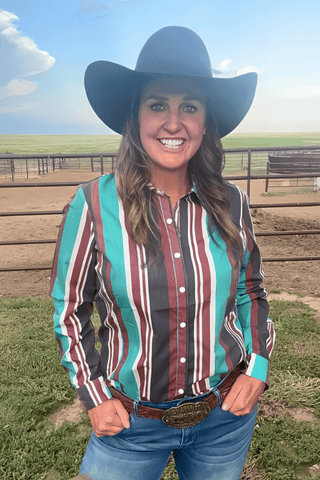 Sterling Kreek Women’s “Oh My Darling” Western Snap Shirt – Brown & Turquoise Pearl Snap Top - Cowboy SwaggerSterling Kreek Women’s “Oh My Darling” Western Snap Shirt – Brown & Turquoise Pearl Snap Top