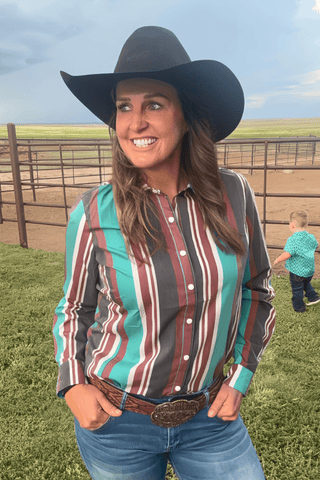 Sterling Kreek Women’s “Oh My Darling” Western Snap Shirt – Brown & Turquoise Pearl Snap Top - Cowboy SwaggerSterling Kreek Women’s “Oh My Darling” Western Snap Shirt – Brown & Turquoise Pearl Snap Top