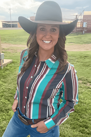 Sterling Kreek Women’s “Oh My Darling” Western Snap Shirt – Brown & Turquoise Pearl Snap Top - Cowboy SwaggerSterling Kreek Women’s “Oh My Darling” Western Snap Shirt – Brown & Turquoise Pearl Snap Top