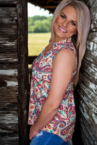 Sterling Kreek Women’s Play It Safe Paisley Western Sleeveless Top - Cowboy SwaggerSterling Kreek Women’s Play It Safe Paisley Western Sleeveless TopShirts & Tops