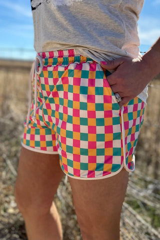 Sterling Kreek Women’s Spring Meadows Checkered Western Athletic Shorts - Cowboy SwaggerSterling Kreek Women’s Spring Meadows Checkered Western Athletic ShortsShorts
