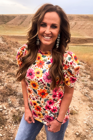 Sterling Kreek Women’s Sunrise Bloom Floral Western Puff Sleeve Top - Cowboy SwaggerSterling Kreek Women’s Sunrise Bloom Floral Western Puff Sleeve TopShirts & Tops