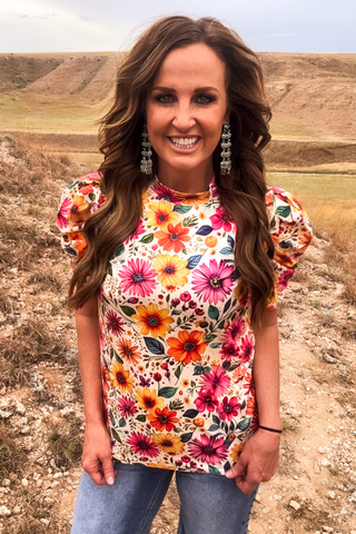 Sterling Kreek Women’s Sunrise Bloom Floral Western Puff Sleeve Top - Cowboy SwaggerSterling Kreek Women’s Sunrise Bloom Floral Western Puff Sleeve TopShirts & Tops