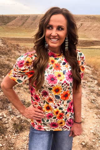 Sterling Kreek Women’s Sunrise Bloom Floral Western Puff Sleeve Top - Cowboy SwaggerSterling Kreek Women’s Sunrise Bloom Floral Western Puff Sleeve TopShirts & Tops